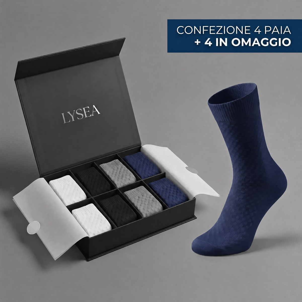 Pack LYSEA de 4 pares más 4 de regalo con colores surtidos y calcetín azul de media pierna