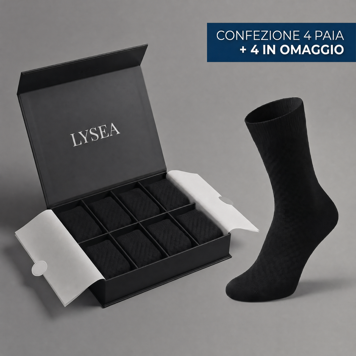 Pack LYSEA de 4 pares más 4 de regalo con calcetín negro de media pierna