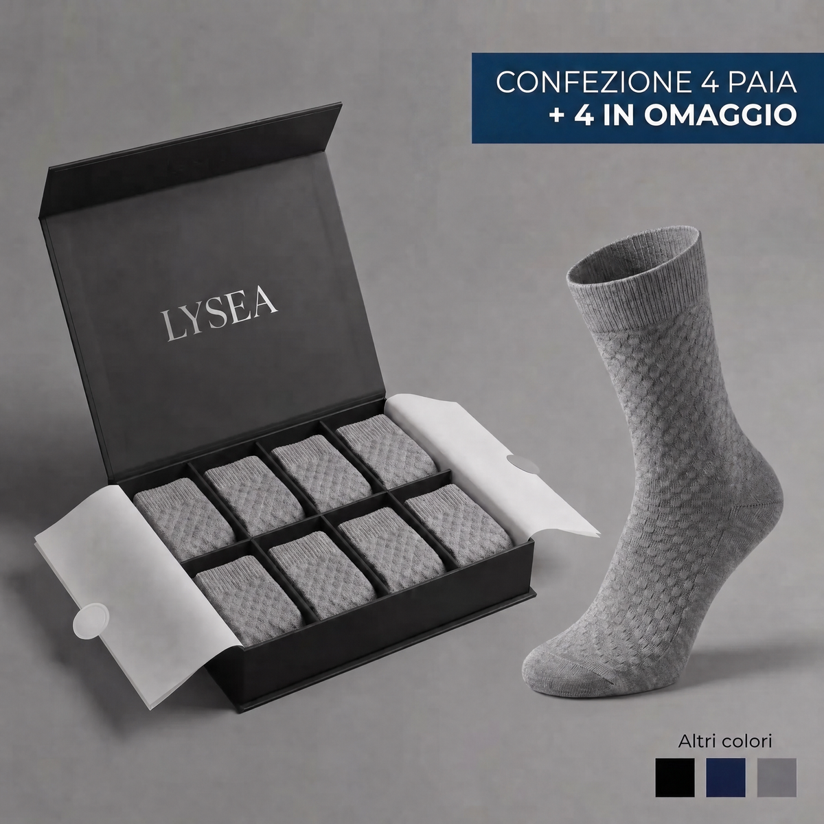 Pack LYSEA de 4 pares más 4 de regalo con calcetín gris de media pierna